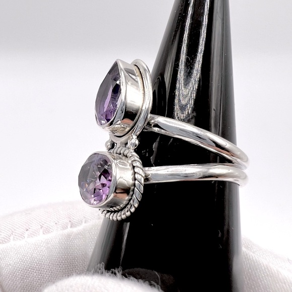 Genuine Faceted Amethyst Oval & Tear Drop .925 Sterling Silver Ring - Picture 7 of 17